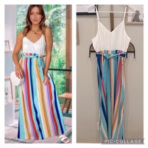New! Color Block Striped Cami Maxi Dress With Elastic & Belt Sz Small